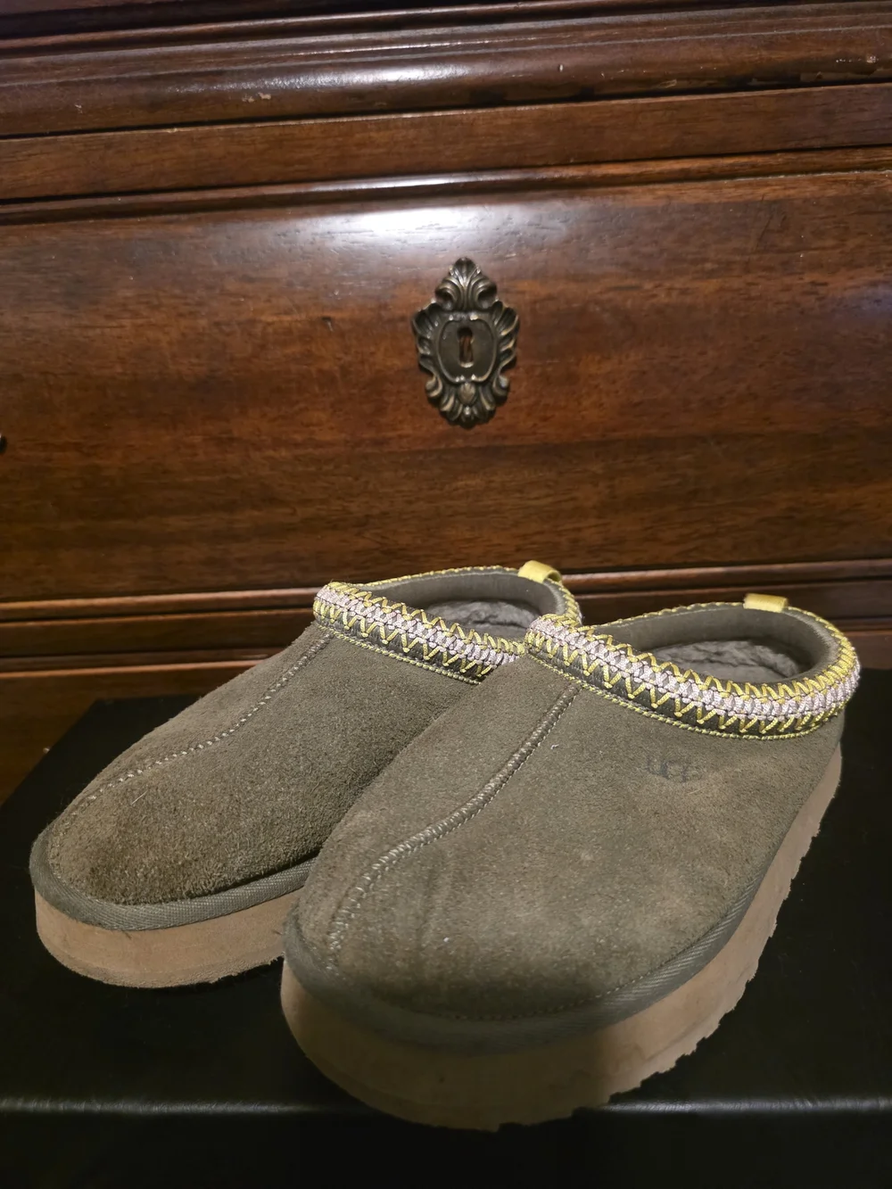 Kid's Slip-On Suede Clog in Olive with Contrasting Trim